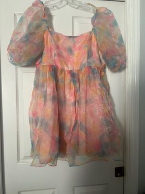 SHEIN Pastel Tie-Dye Puff Sleeve Mini Dress - Pink, Blue, Yellow